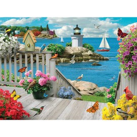 Bits and Pieces – 500 Piece Jigsaw Puzzle for Adults – Seacoast Serenity - Ocean Boat Birds Summer Light House Flower Jigsaw Puzzle by Artist Alan Giana, Completed Puzzle Size: 18" x 24"