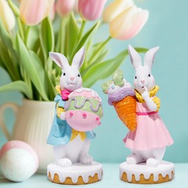 Hodao Easter Bunny Figurines - Set of 2 Resin Rabbits with Ice Cream-Themed Carrot and Easter Egg, Cute Spring Bunny Decor for Home, Tabletop, and Gift - 5.9" Tall (Set of 2 White)