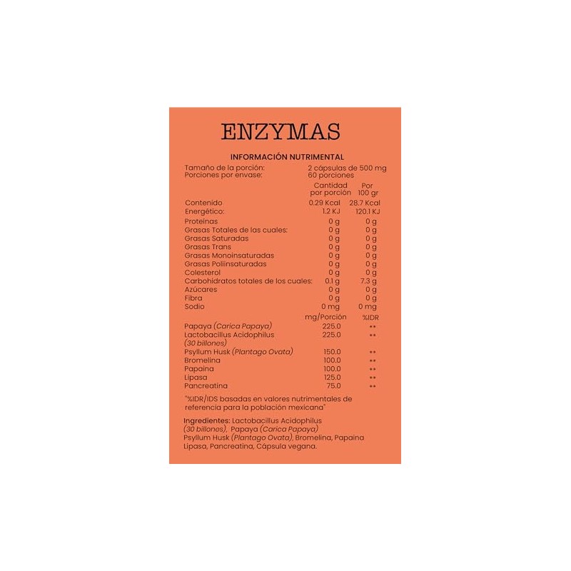 Enzymas Suplemento Alimenticio Papaya Pancreatina Probioticos Ingredientes Naturales Vegano 120