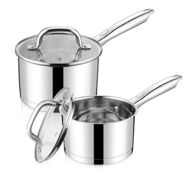 LIANYU Sauce Pan Set with Lid, 1 QT & 2 QT Stainless Steel Saucepan Pot Set, Tri-Ply Bottom Small Pot for Kitchen Cooking, Dishwasher Safe, Compatible with All Cooktops