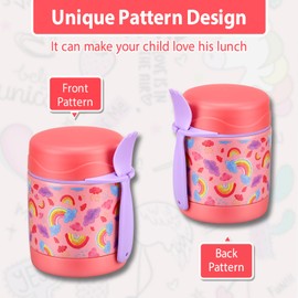 10oz Soup Thermo for Hot Food Kids,Lunch Thermo Kids Food Jar with Spoon Hot Insulated Food Containers,Leak Proof Stainless Steel Wide Mouth Lunch Food Thermo Jar for School(Pink-Rainbow)