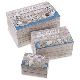 CoTa Global Aqua Sky Wooden Beach Jewelry Box, 3 Pcs Set - Handcrafted Nautical Box with Seashells Decorations, Tabletop Home Decor, Sea Shell Jewelry Storage Organizer Set