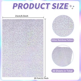 WANGHENG 36 Sheets Holographic Sticker Paper,Holographic Laminate Sheets,A4 Size Clear Vinyl Sticker Sheets Self-Adhesive Rainbow Overlay Sheets,11.7 x 8.3 Inches（Five-Pointed Star）