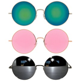 OWL Oversized Round Hippie Sunglasses, Multicolor Tinted and Mirror Lens, UV 400 Protection, Metal Frame 3 Pack