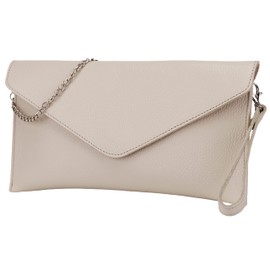 SH Leder Genuine Leather Clutch Shoulder Bag Small Bag Elegant Evening Bag in Grained Cowhide Leather with Carry Chain 31.5 x 16.5 cm Saya G369, beige