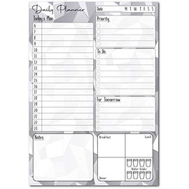A5 Daily Planner 50 Sheet Note Pad with Schedule, Priority, To Do Lists, Doodle Notes & Meal Organiser (Grey Geometric)