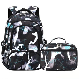 Yvechus Camo Backpack for Kids, Lightweight Camo Backpack Elementary Middle School Backpack Water Repellent Bookbag (Camo Black Green 2 in 1)