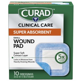 Curad Super Absorbent Wound Pad, Small, 3" x 3", 10 Count