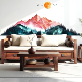 VePret Mountains Landscape Wall Decals Peel and Stick, Large Watercolor Forest Sun Birds Wall Stickers & Murals, Removable Home Decor Art for Bedroom Living Room Classroom Office