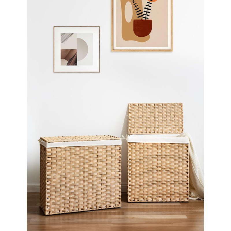 StorageWorks 110L Wicker Laundry Hamper with Lid, 2 Section Wicker