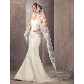 Aukmla Wedding Bridal Veils White Long Cathedral Chapel Length Veil with Lace and Metal Comb at the Edge (White)