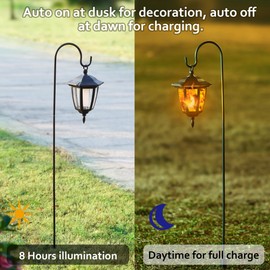 Dynaming 6 Pack Solar Flame Hanging Lights Outdoor, Solar Flickering Flame LED Garden Lanterns with 6 x 38 Inch Shepherd Hooks, Landscape Lighting Waterproof for Lawn Patio Yard Pathway Driveway