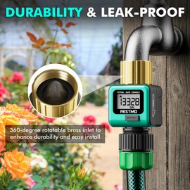 [2 Pack] RESTMO Heavy Duty Water Flow Meter, Pure Brass Inlet | Metal Thread | 4 Measure Modes | Display Gallon/Liter Usage and Flow Rate | Ideal to Track Outdoor Garden Hose Watering