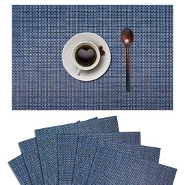 YISK Wipe Clean Place Mat Set of 6 Woven Vinyl Placemats PVC Place Mats for Kitchen Dining Table Navy Blue 45 x 30 cm