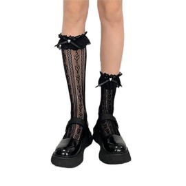 FASELE Women's Crew Socks, Ribbon, Lace, Floral Pattern, Heart Pearl, Lolita Socks, Lotita, Cute, Stylish, Thin, JK, Uniform, For Work or School Commutes, Spring, Summer, Autumn, 8.7 - 9.8 inches (22