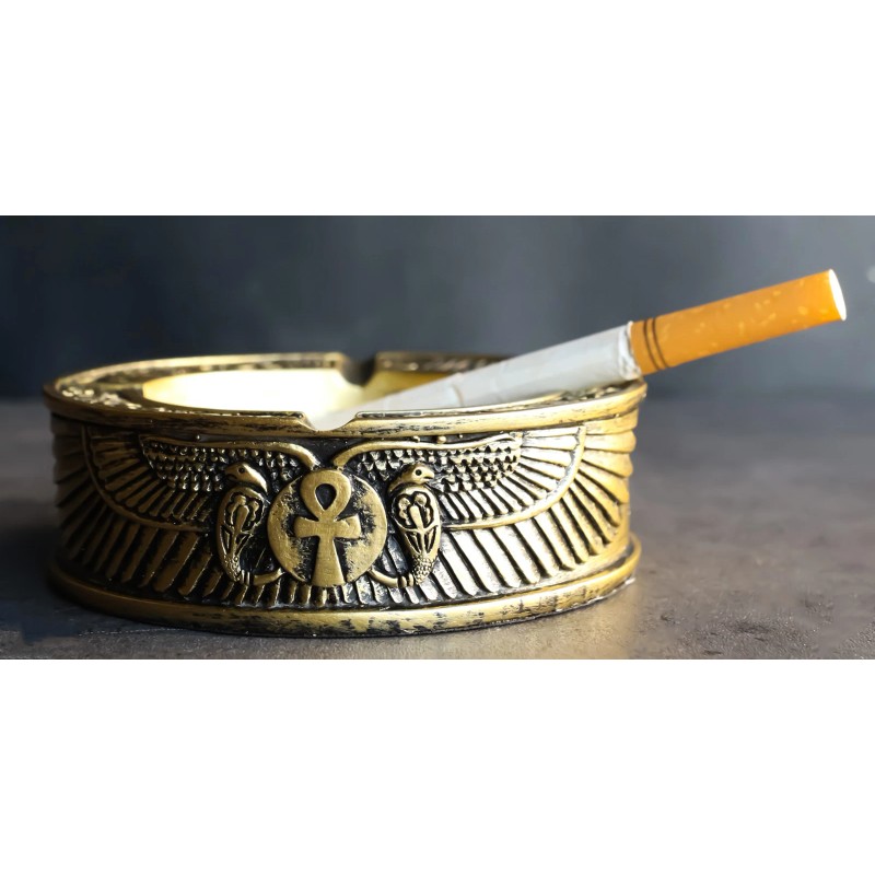 Egyptian Hieroglyphs Ankh Dual Cobra Winged Scarab Ashtray Figurine 4"Diameter