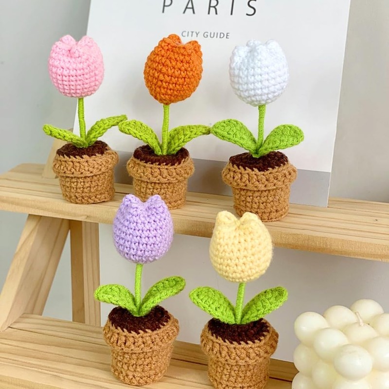 Lutoku Cute Knitted Flower Plant, Kawaii Handmade Crochet Flowers,Small Potted