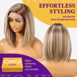 KOME Peluca Sintética Rubia Ceniza Con Encaje Frontal, Peluca Bob Recta De 13×6 Hd Para Mujer, Peluca Marrón Corta En Capas Sin Pegamento Para Uso Diario, 12 Pulgadas (T6107F)