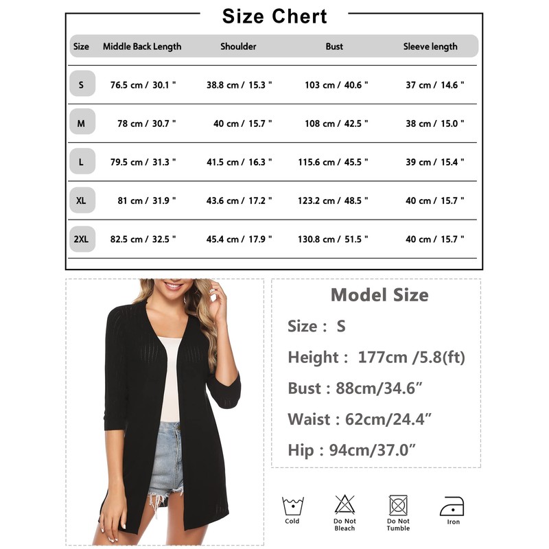 Sykooria Women’s Cardigan, Long Sleeve, Monochrome, Lightweight, Thin, Long Cardigan