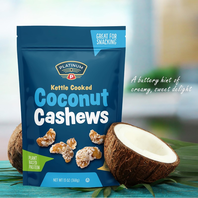 Platinum Kettle Cooked Coconut Cashews - Plant Based Protein, Fiber,