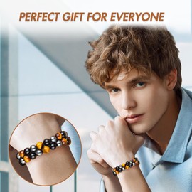 MIDON Mens Bracelets Beads, Triple Protection Bracelet for Men Women, Yellow Tiger Eye Black Obsidian Hematite Natural Crystal 10mm Beads Bracelet Bring Prosperity Luck and Happiness