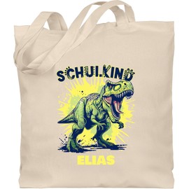 Geschenk mit Namen personalisiert by Shirtracer - Cotton Bag - Gym Bag - School Child Tyrannosaurus Rex with Name | First Day of School Dinosaur Gift, 1 natural white