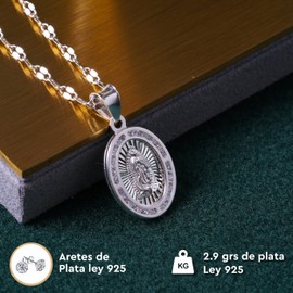 V Varouro Est.1991 Collar Virgen de Guadalupe Plata Ley 925 – Medalla Religiosa con Dijes, Joyería, Regalo para Mamá Día de las Madres, Collares para Mujer Plata, Aretes Mujer Incluidos, Accesorios