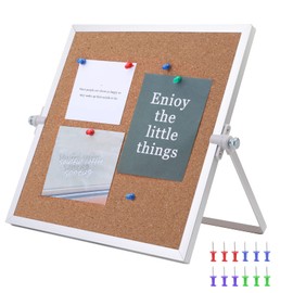 kdafio 9.8 x 9.8" Cork Board Bulletin Board, Double Sided Pin Board with Silver Aluminum Border, Desktop Small Cork Board with Stand Suitable for Home, Office, Desk Message Board or Picture Board