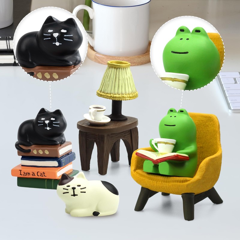RAQWI Cute Mini Frog and Cat Figurine for Office, Home