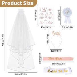 15 Pieces Bride to Be Sash and Veil Hen Party Decoration Bride to Be Sash Hen Party Accessories Include Bridal Sashes, Headwear, Badges,Hen Tattoos for Bridal Showers