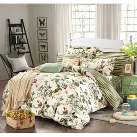 FADFAY Floral Duvet Cover Set 100% Cotton Green Striped and Beige Bedding White Flower Branches Print 600 TC Soft Reversible Zipper Bed Cover & 2 Pillowcases,King/Cal King(106x92)