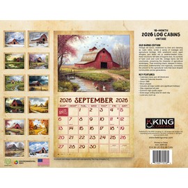 2026 Vintage Old Barns Wall Calendar 16-Month X-Large Size 14x22, Retro Barns Calendar by The KING Company-Monster Calendars