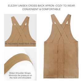 ELEZAY Aprons for Women with Pockets Plus Size Comfort Cross Back No Tie Cotton Linen Apron Pinafore for Cooking Painting Floral Arrangement Gardening Cleaning Small, Brown
