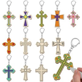 Yuntau 24 Pcs Religious Cross Keychain Crafts Color Your Own Wood Keychains DIY Christian Coloring Keychain Gifts Blank Unfinished Cross Keychains Kits for Religious Sunday School Classroom Activities