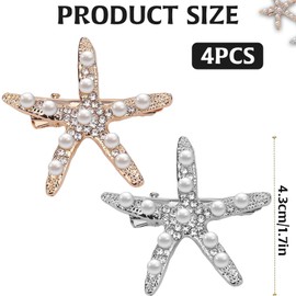 4Pcs Starfish Hair Clip, Mermaid Hair Clips Hair Accessories, Crystal Pearl Hair Clips for Hair, Wedding Headpiece Rhinestone Hair Pin Mermaid accessories for Women Girls (2 Gold, 2 Silver)