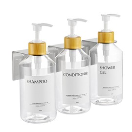Janxin Pack of 3 Wall Mounted Soap Dispensers, 500 ml Shampoo Bottles for Filling, Shower Gel Dispenser, Soap Dispenser Set, No Drilling for Kitchen and Bathroom (Clear Bottle + White Bamboo Head)