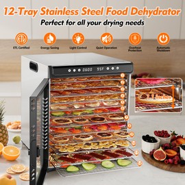 Food Dehydrator Machine 12 Tray Stainless Steel - 12.6ft² Large Capacity Dehydrators for Food and Jerky, 1300W Fruit Dehydrator, Herb Dryer with 72H Timer, Recipe Book Included