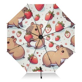 SLHKPNS Folding Umbrella Compact Kawaii Capybara Strawberries Travel Umbrella Automatic Open Close Cute Cartoon Inverted Umbrella for Rain Sun Umbrella UV Protection Reverse Umbrella for Women Men Ou