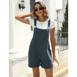 Yeokou Women's Cotton Linen Short Overalls Casual Summer Bib Shortalls with Pockets(BlueGrey-L)