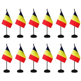 Romania Flags Romanian Small Mini Desk Flags Set Small Mini Romania Flags Table Flag with 13" Black Pole, Black Base and Spear Top, Miniature Romanian Deluxe Desktop Flag, Home Decoration, Office Decoration, Festival Celebrations(12 Pack )