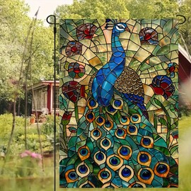 Blissyard Spring and Summer Welcome Garden Flag 12x18 Inch Double Sided Colorful Solemn Peacock Stained Glass Garden Flag for Outdoor Party Decor Bird Garden Flag