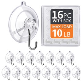 KORCCI Suction Cup Hooks 16Pack - Max Load 10LB, 1.77Inch Clear Medium Suction Cups, No Trace, Reusable & Removable, Stainless Steel Hooks, for Tile, Glass, Window, Shower, Kitchen, Bathroom