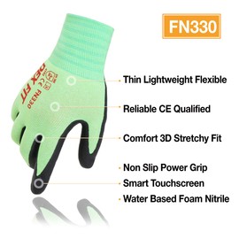 DEX FIT Work Gloves FN330, 3D Comfort Stretch Fit, Power Grip, Durable Foam Nitrile Coated, Smart Touch, Thin & Lightweight, Machine Washable (Large(3 Pairs), FN330 Green)