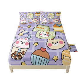 QOOMO Kawaii Bear Sheet Set,Kawaii Kids Bed Sheets,Cute Bear 16" Deep Pocket Bed Sheet Set for Boys/Girls/Kids/Teens，4 Piece Sheet Set, 1 Fitted Sheet,1 Flat Sheet and 2 Pillowcases，Queen Size
