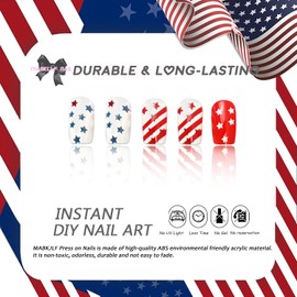 4th of July Press on Nails Medium Square MABKJLF Flag Fake Nails False Nails with Stars Red White Stripes Designs Glossy Glue on Nails Blue Red White Acrylic Nails for Women Girls 24 Pcs