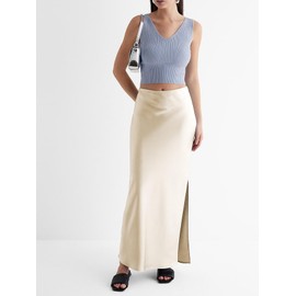 Skrtimory Womens Satin Silk Maxi Slit Skirt Elastic Waistband Maxi Long Satin Slit Skirts for Women Cream