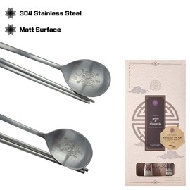 BALWOO [Made in Korea] Hologram Turtle Design Korean Table Sticky Rice Spoon and Chopsticks 304 Stainless Steel Flat Chopsticks Matt Surface Mukbang Cutlery (Red)
