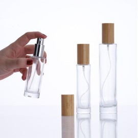 ASTRQLE 2 Pcs 30ml 1oz Refillable Fine Mist Glass Spray Perfume Bottles Perfume Cologne Dispenser Fragrance Containers Sprayer Cosmetic Replacement Bottles with Bamboo Wood Lid for Home and Travel