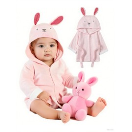 Boys Girls Dressing Gown Soft Cotton Bath Robe, Qiuck Dry Kids Hooded Bathrobe Towel Robe with Cute Animal Design, Pink Rabbit 3-4 Years