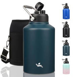 Konokyo 1 Gallon Jug with Handle,128 oz Insulated Water Bottle with Carrying Pouch, Double Wall Vacuum Stainless Steel Metal Bottle,Navy blue
